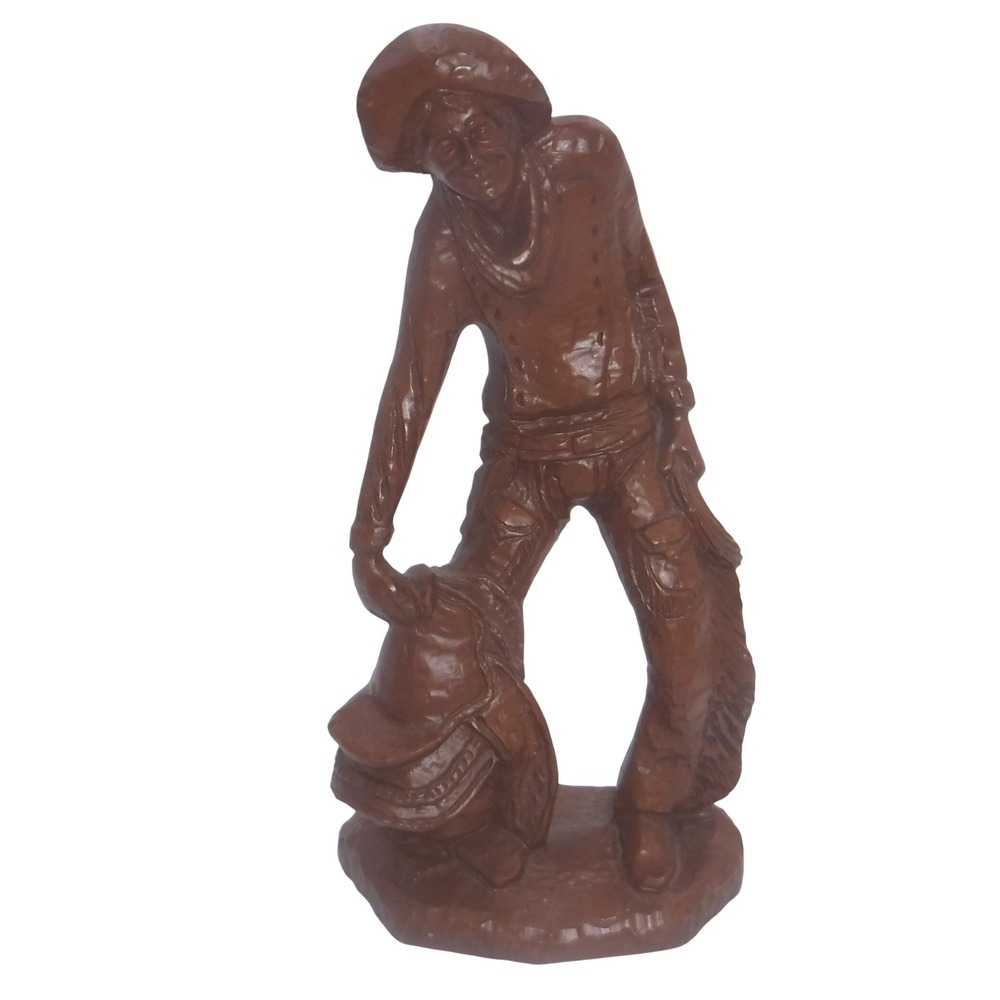 Vtg 1982 Red Mill Mfg Cowboy with Saddle Figurine Pecan Resin Brown 12"
